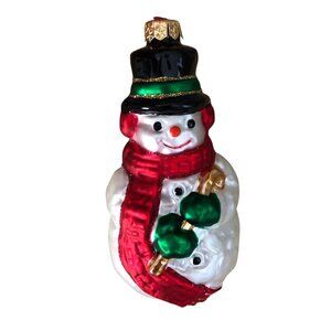 Vintage Hand Blown Mercury Glass 6" Snowman Christmas Ornament White Red Green